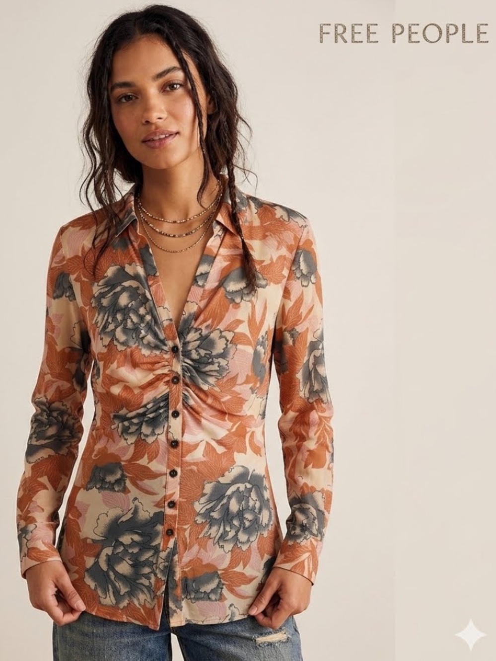 Free People Lucky Shirtee Floral Blouse Size Large